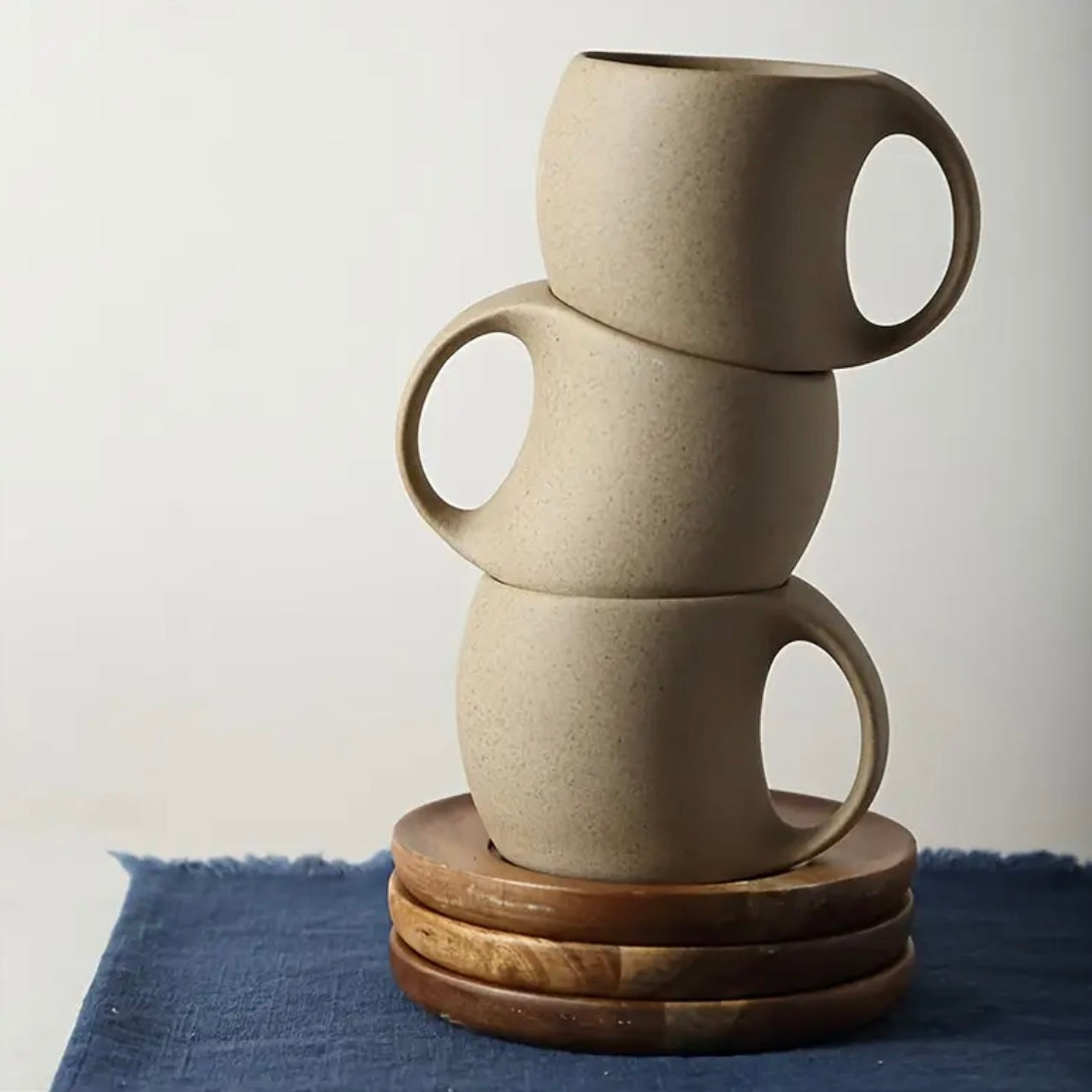 Ceramic Coffee Mug with Wooden Saucer
