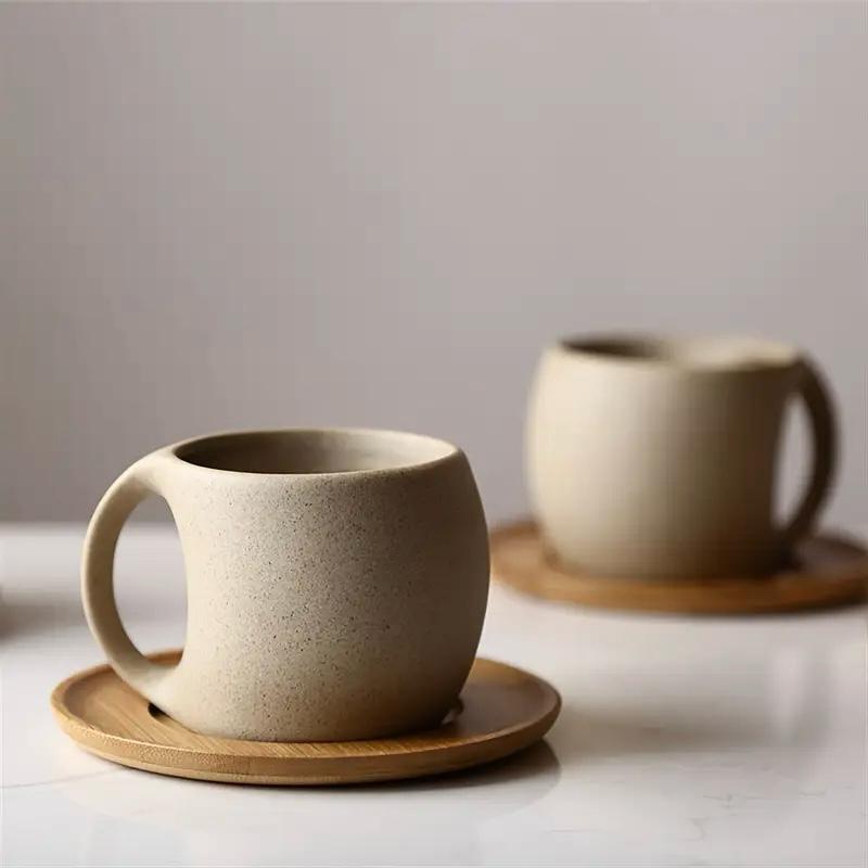 Ceramic Coffee Mug with Wooden Saucer